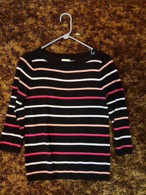 Talbots Black Crewneck Sweater with Pink and White Stripes
